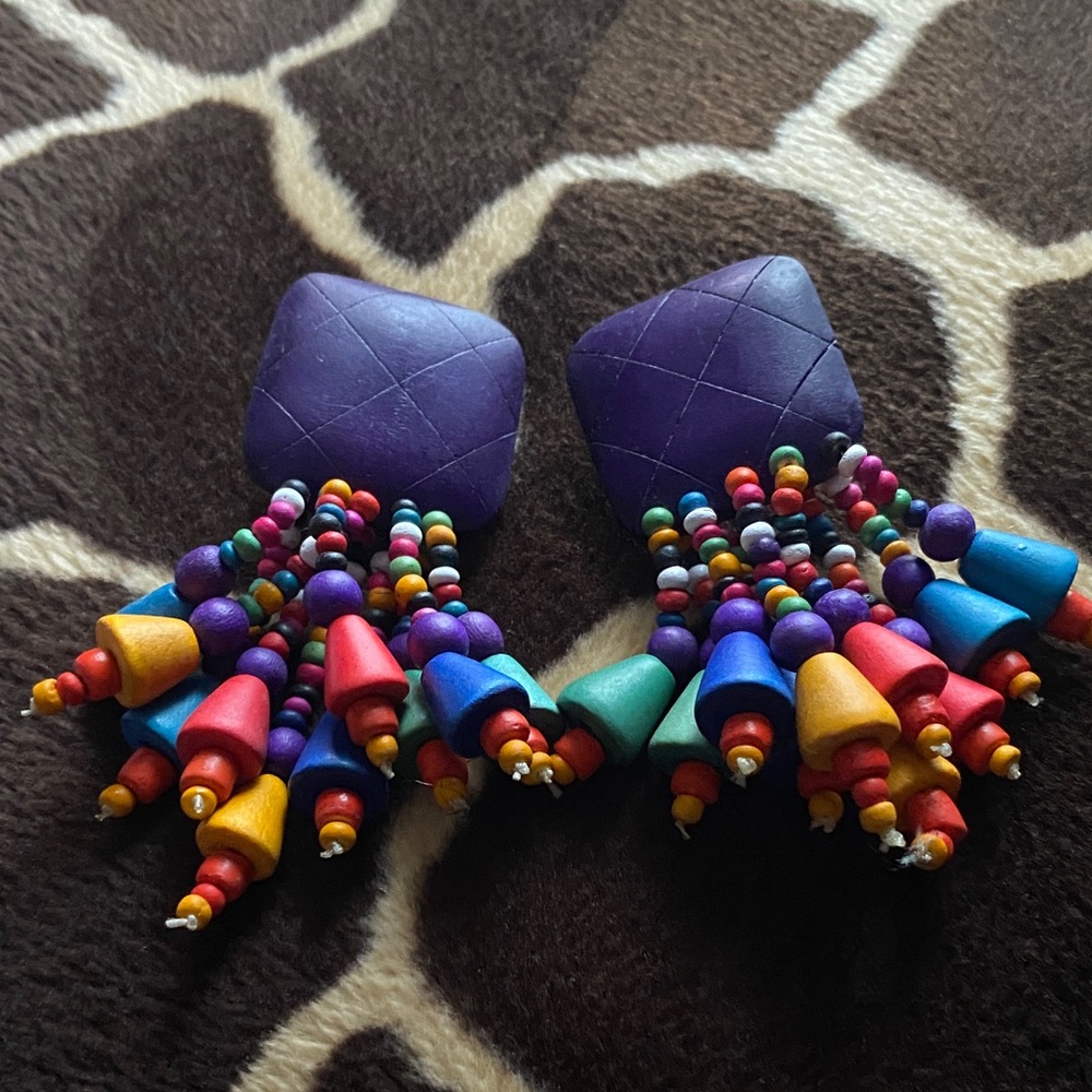 Vintage 80’s Colorful Wooden Beaded Statement Earrings